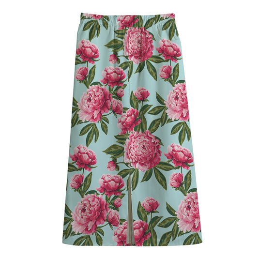 Pink Peony Pattern Print Cotton Front Slit Maxi Skirt