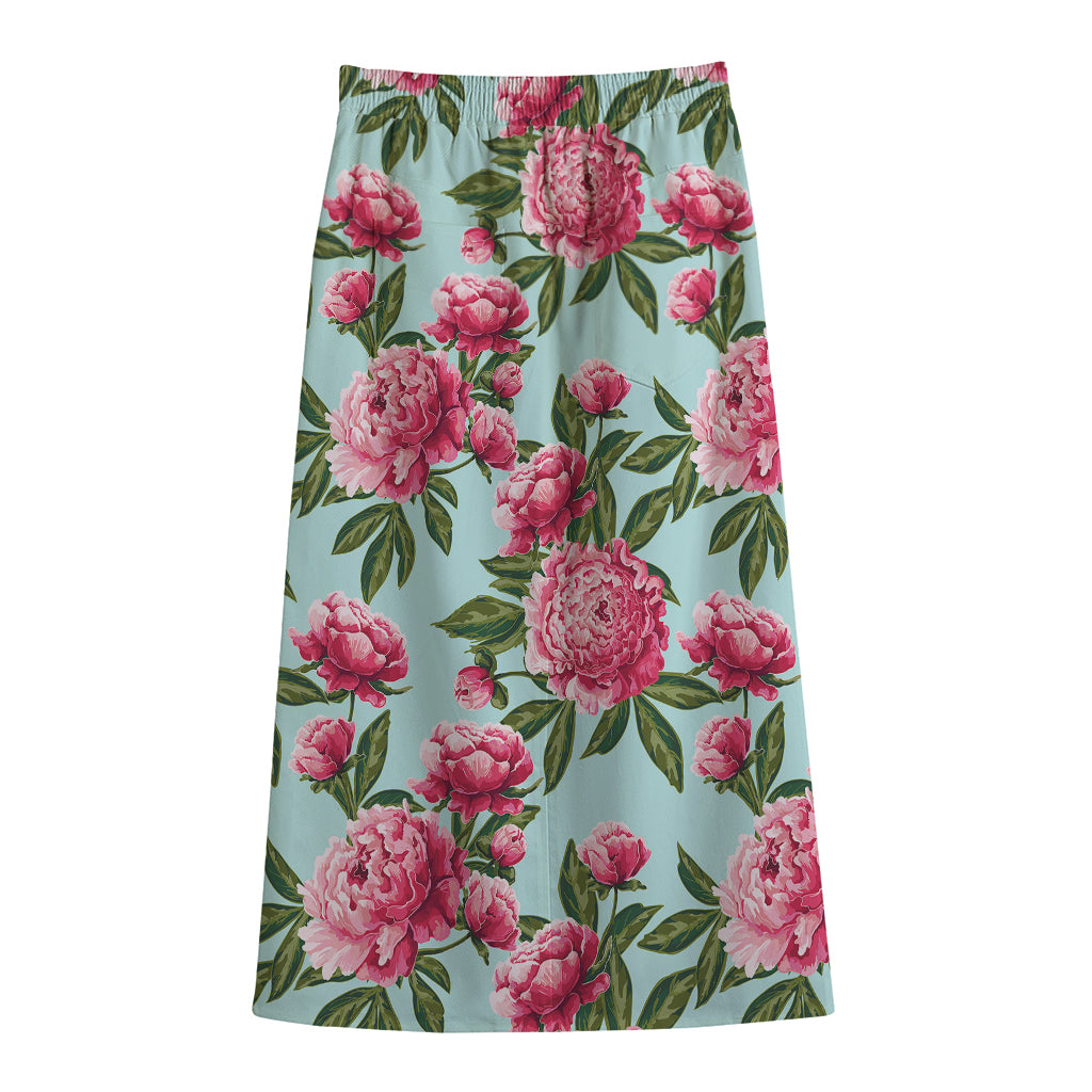 Pink Peony Pattern Print Cotton Front Slit Maxi Skirt