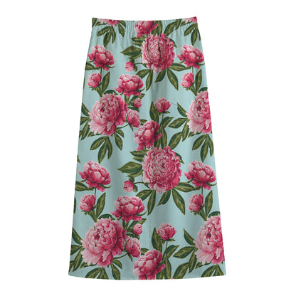 Pink Peony Pattern Print Cotton Front Slit Maxi Skirt