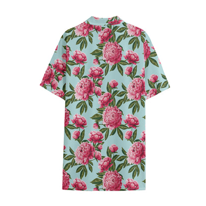Pink Peony Pattern Print Cotton Hawaiian Shirt