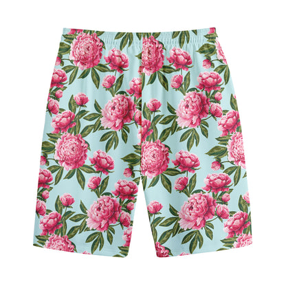 Pink Peony Pattern Print Cotton Shorts