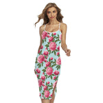 Pink Peony Pattern Print Cross Back Cami Dress