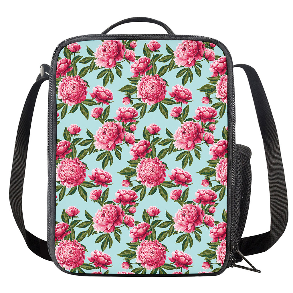 Pink Peony Pattern Print Crossbody Lunch Bag