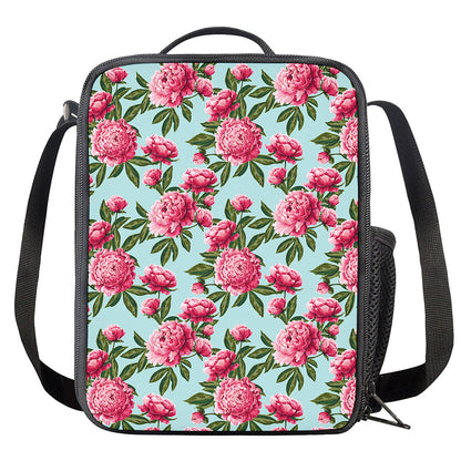 Pink Peony Pattern Print Crossbody Lunch Bag