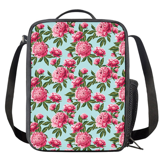 Pink Peony Pattern Print Crossbody Lunch Bag