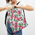Pink Peony Pattern Print Drawstring Backpack