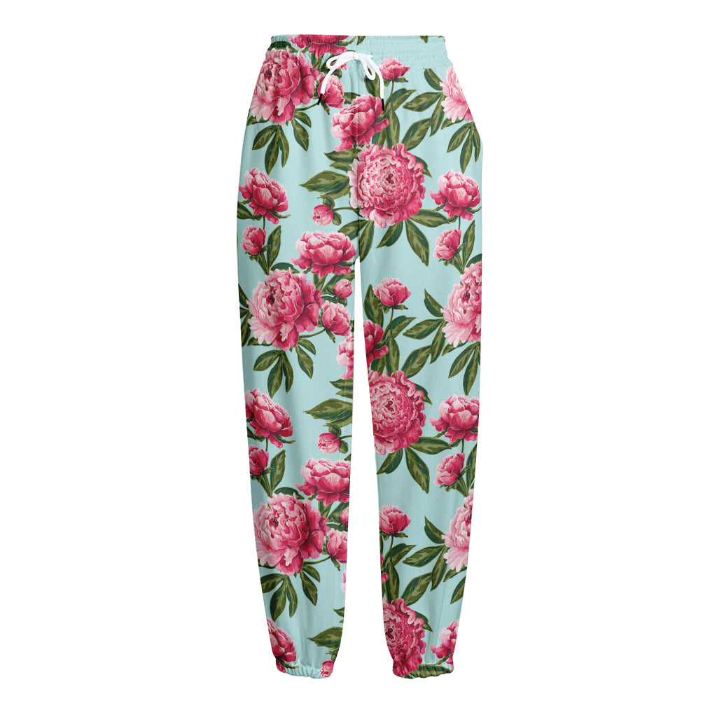 Pink Peony Pattern Print Fleece Lined Knit Pants