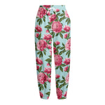 Pink Peony Pattern Print Fleece Lined Knit Pants