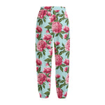 Pink Peony Pattern Print Fleece Lined Knit Pants