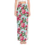 Pink Peony Pattern Print High Slit Maxi Skirt