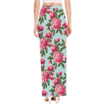 Pink Peony Pattern Print High Slit Maxi Skirt