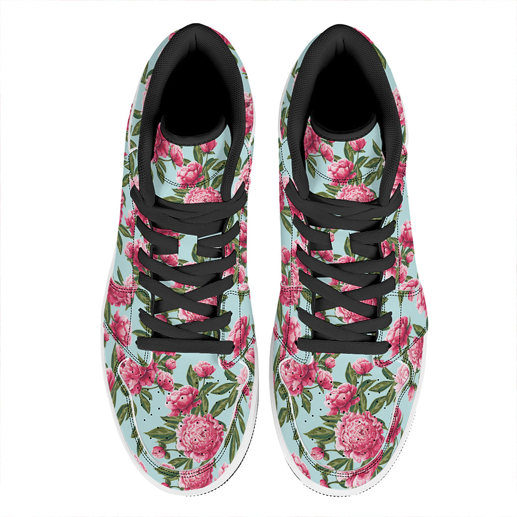 Pink Peony Pattern Print High Top Leather Sneakers