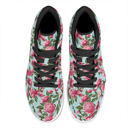 Pink Peony Pattern Print High Top Leather Sneakers