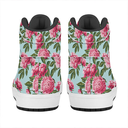 Pink Peony Pattern Print High Top Leather Sneakers