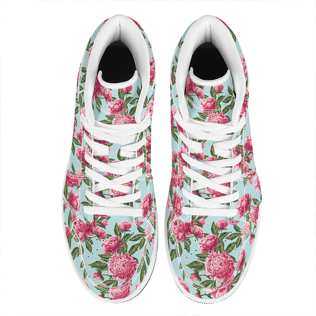 Pink Peony Pattern Print High Top Leather Sneakers