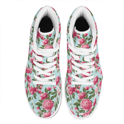Pink Peony Pattern Print High Top Leather Sneakers