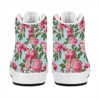 Pink Peony Pattern Print High Top Leather Sneakers