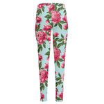 Pink Peony Pattern Print High-Waisted Pocket Leggings