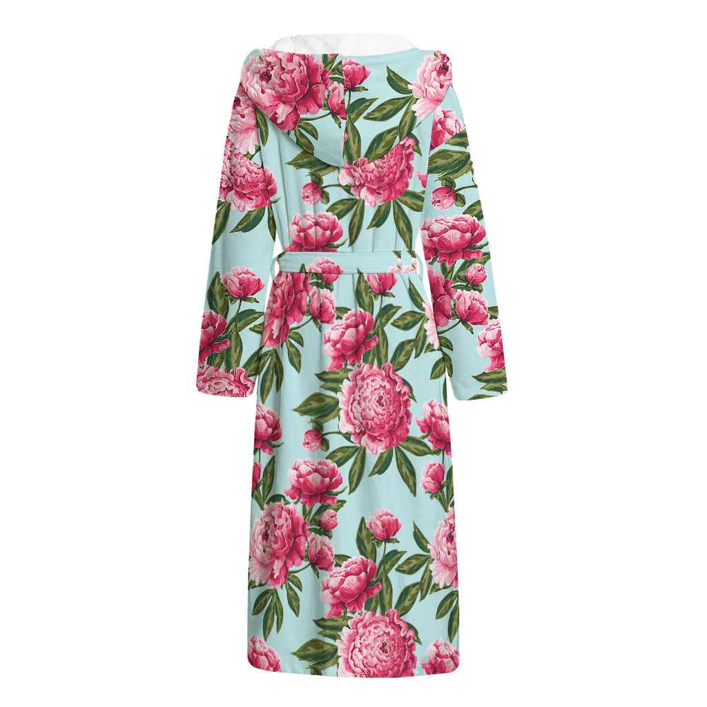 Pink Peony Pattern Print Hooded Bathrobe
