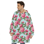 Pink Peony Pattern Print Hoodie Blanket