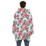 Pink Peony Pattern Print Hoodie Blanket