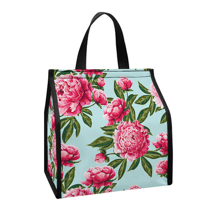 Pink Peony Pattern Print Insulated Lunch Tote