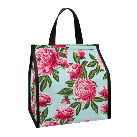Pink Peony Pattern Print Insulated Lunch Tote