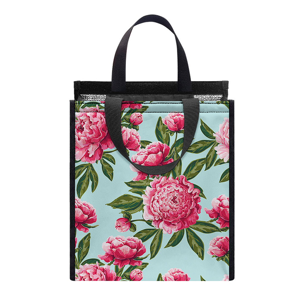 Pink Peony Pattern Print Insulated Lunch Tote