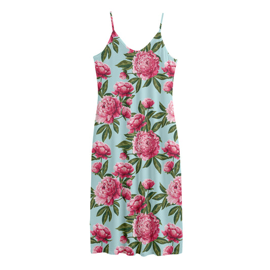 Pink Peony Pattern Print Jersey Midi Cami Dress
