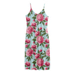 Pink Peony Pattern Print Jersey Midi Cami Dress