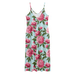 Pink Peony Pattern Print Jersey Midi Cami Dress