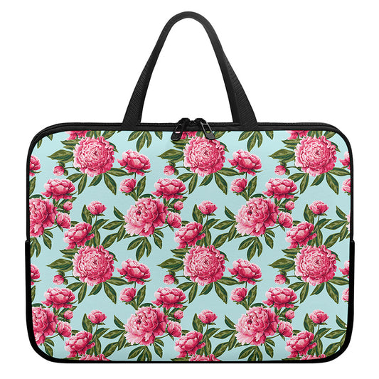 Pink Peony Pattern Print Laptop Sleeve With Handle