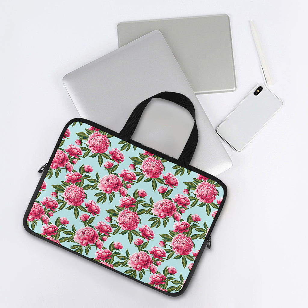 Pink Peony Pattern Print Laptop Sleeve With Handle