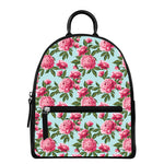 Pink Peony Pattern Print Leather Backpack