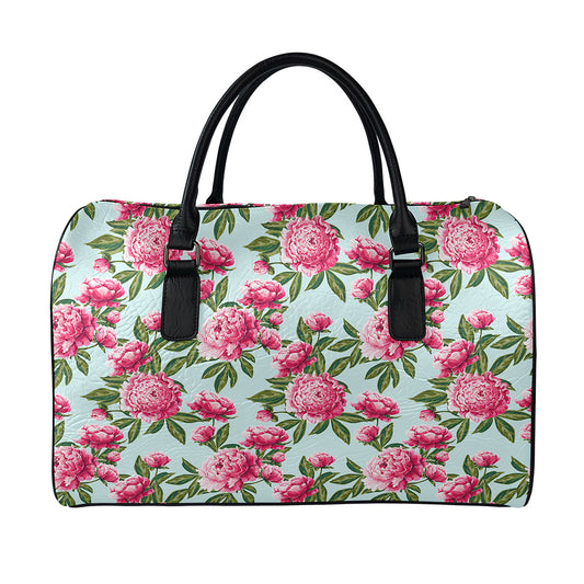 Pink Peony Pattern Print Leather Duffle Bag