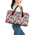 Pink Peony Pattern Print Leather Duffle Bag