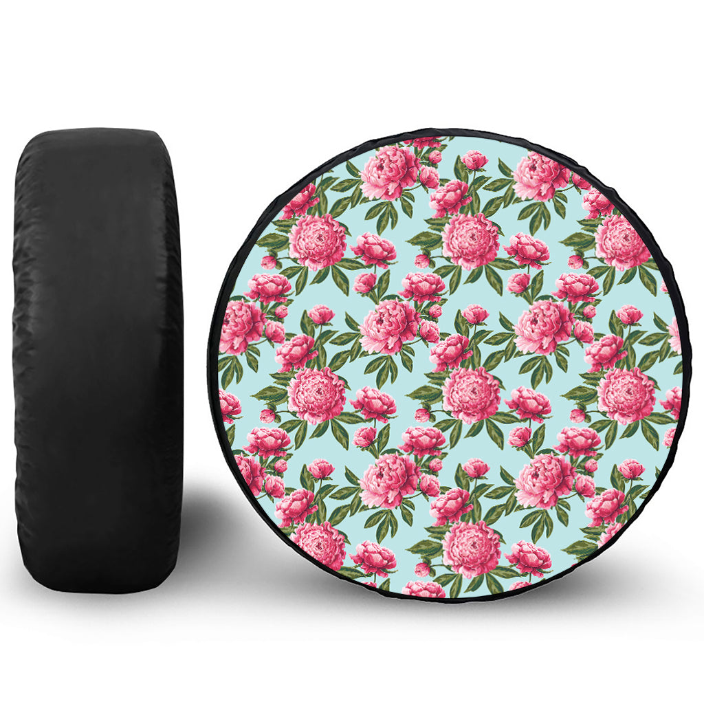 Pink Peony Pattern Print Leather Spare Tire Cover