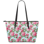 Pink Peony Pattern Print Leather Tote Bag