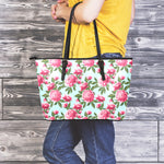 Pink Peony Pattern Print Leather Tote Bag