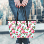 Pink Peony Pattern Print Leather Tote Bag