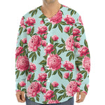 Pink Peony Pattern Print Long Sleeve Baseball Jersey