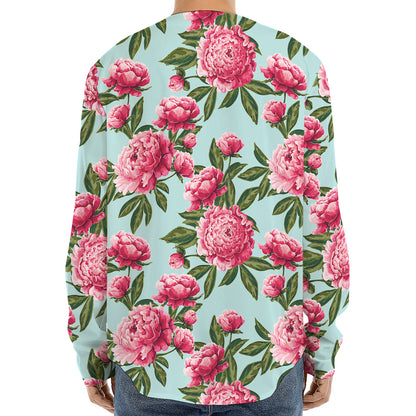 Pink Peony Pattern Print Long Sleeve Baseball Jersey