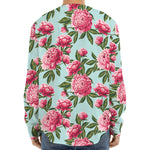Pink Peony Pattern Print Long Sleeve Baseball Jersey