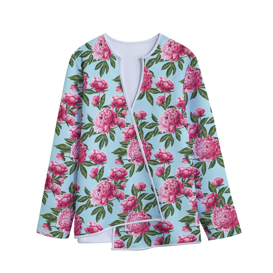 Pink Peony Pattern Print Long Sleeve Short Coat