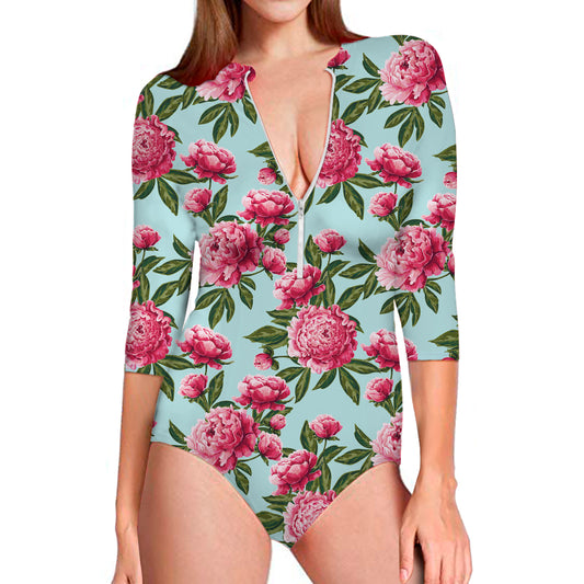 Pink Peony Pattern Print Long Sleeve Swimsuit
