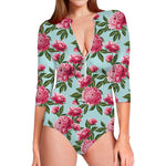 Pink Peony Pattern Print Long Sleeve Swimsuit