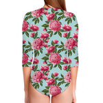 Pink Peony Pattern Print Long Sleeve Swimsuit