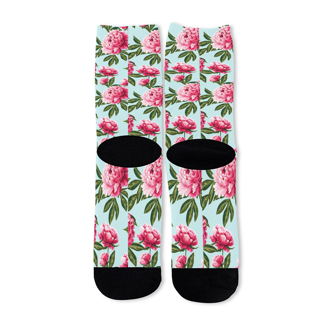 Pink Peony Pattern Print Long Socks