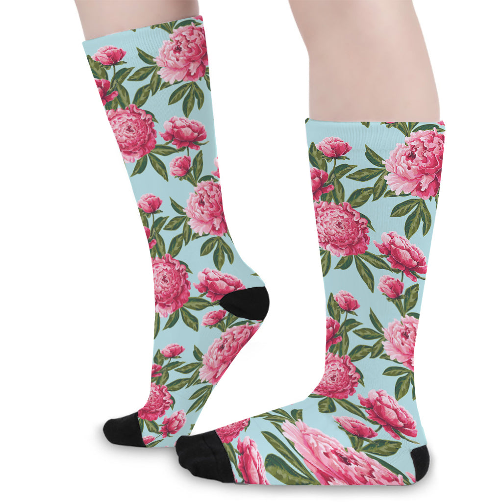 Pink Peony Pattern Print Long Socks
