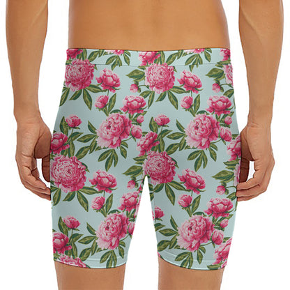Pink Peony Pattern Print Men's Long Boxer Briefs